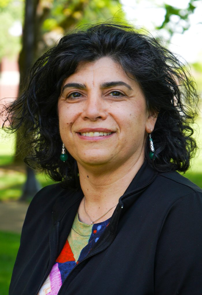 Elisar Barbar stands in front of a green background wearing a black jacket with dark hair.