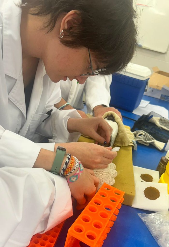 A person in a white lab coat takes a sample.