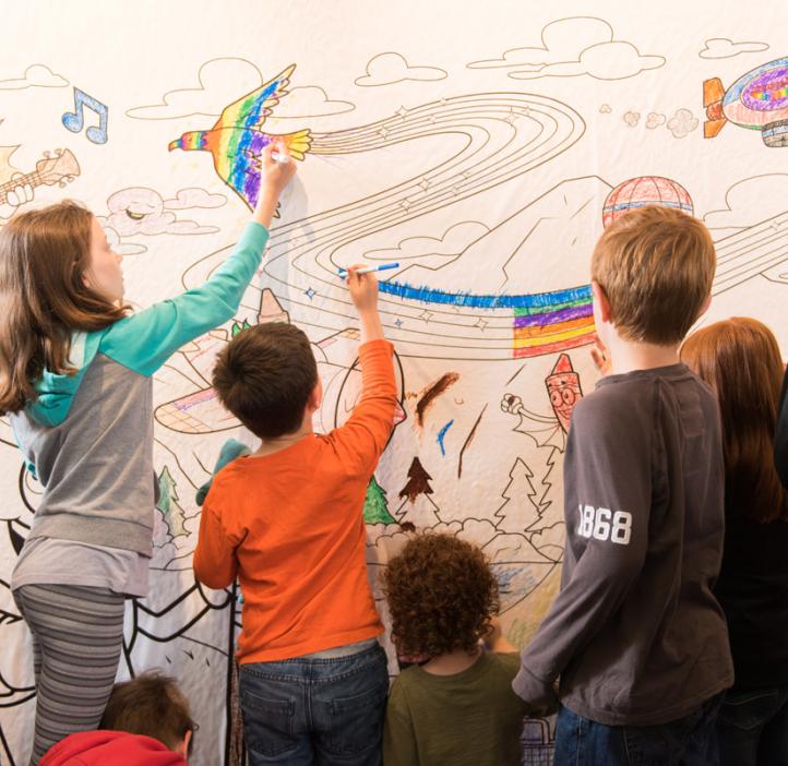 children coloring Crayola paper banner of crayon cartoons hiking
