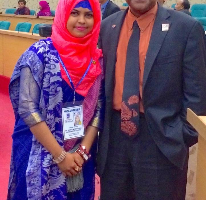 female student selfie with Sastry Pantula in lobby