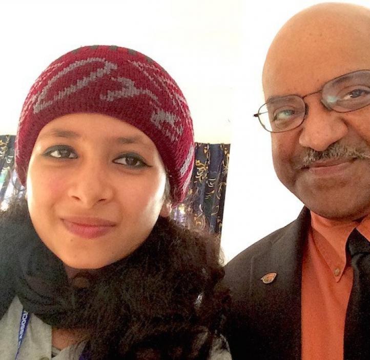 female student selfie with Sastry Pantula in lobby