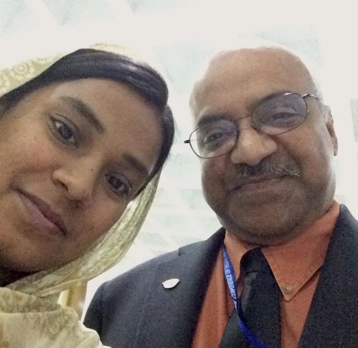 female student selfie with Sastry Pantula in lobby