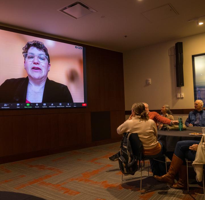 Watching Dean Eleanor Feingold through Zoom from the perspective of being in-person in the audience at the awards ceremony at Oregon State University.