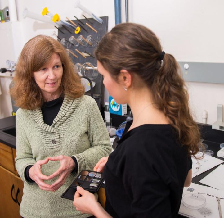 student and professor talking in lab.