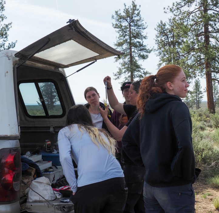 Students gather around a researcher weighing a bird.