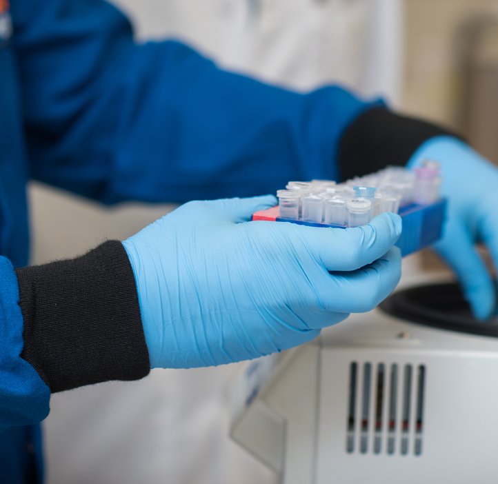Photo of someone with blue gloves holding a sample in a lab.