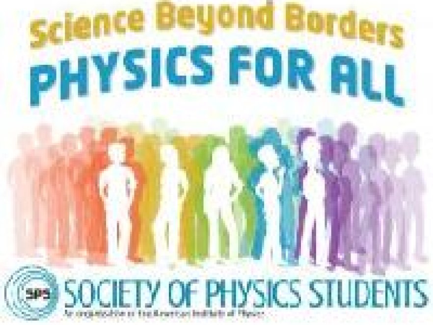 Two rows or words at the top. Rainbow of people outlines in the center. Society of Physics Students on the bottom