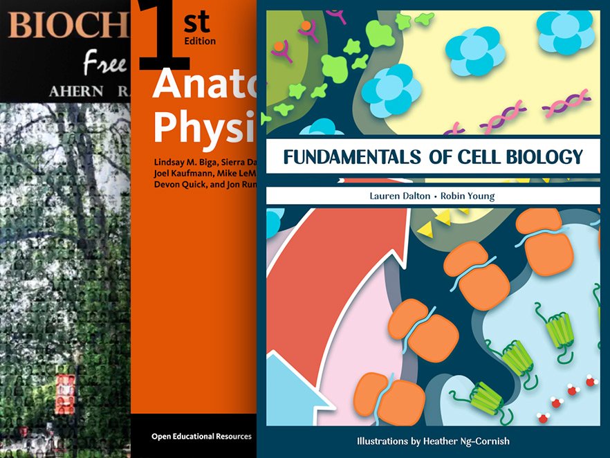 Three open source textbook covers layered over each other